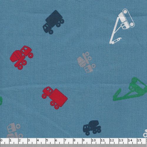 Tissu coton camions fond bleu