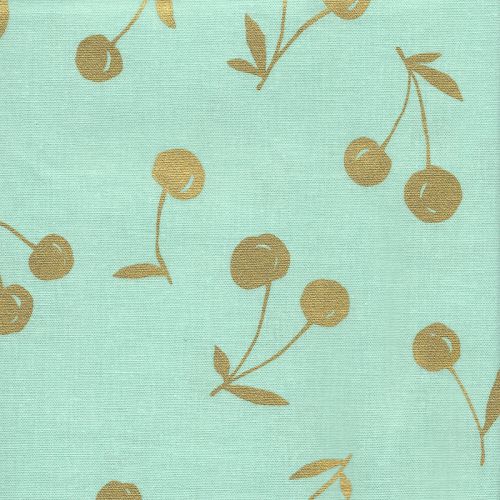 Tissu coton lin cerises dorées fond vert amande 