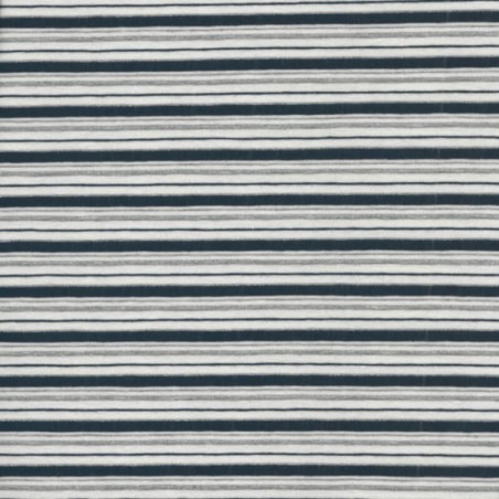 Tissu jersey  marinière blanc et bleu fine rayure lurex argent