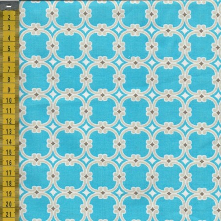 Tissu graphique bleu turquoise fond beige