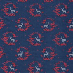 Tissu satin cerfs fond bleu marine 100% coton larg 140 cm