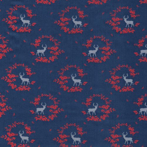 Tissu satin cerfs fond bleu marine 100% coton larg 140 cm