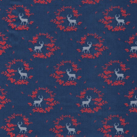 Tissu satin cerfs fond bleu marine 100% coton larg 140 cm