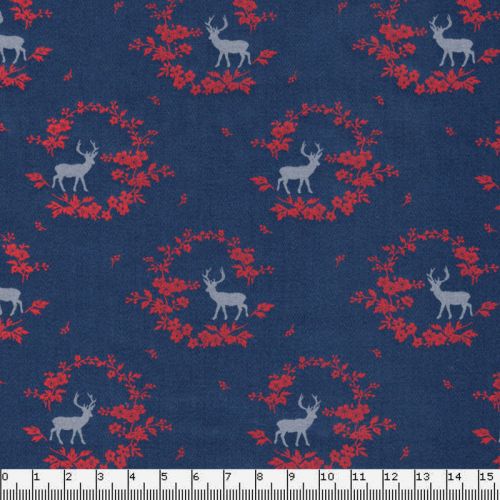 Tissu satin cerfs fond bleu marine 100% coton larg 140 cm