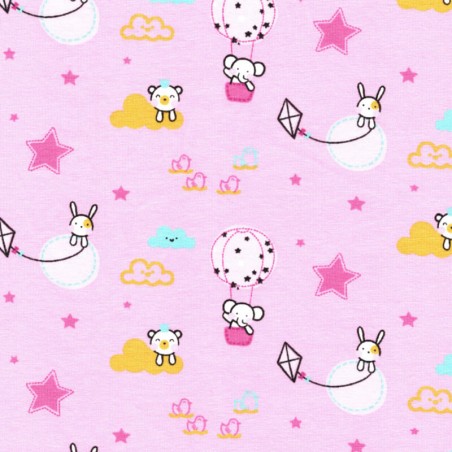 Tissu jersey animaux volants fond rose