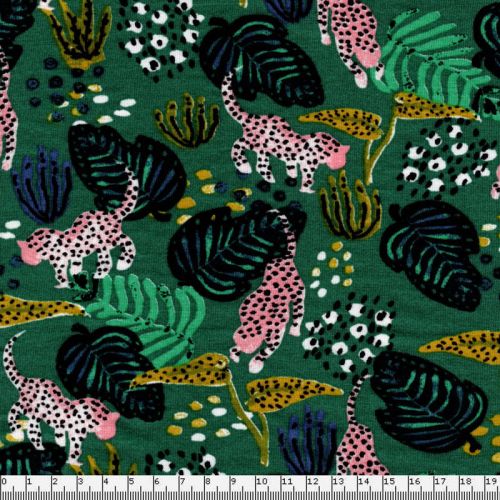 Tissu jersey panthère tropical fond vert