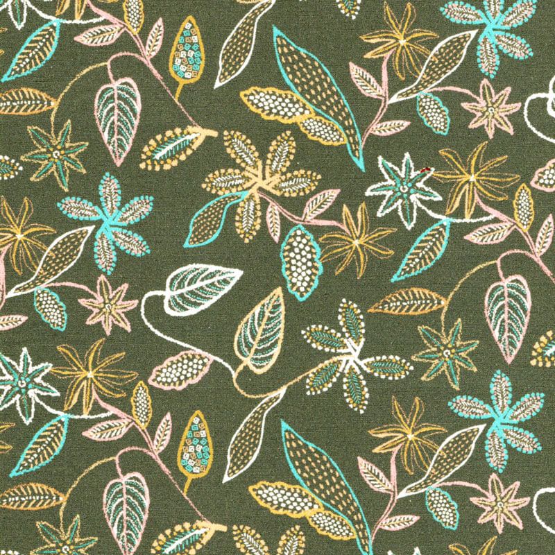  Tissu  coton fleurs en pointill  fond  vert  Sudocoud