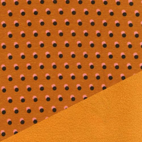 Tissu sweat dots bicolore fond moutarde