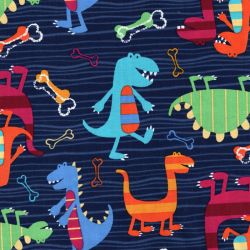 Tissu coton imprimé dinosaures rayés fond navy