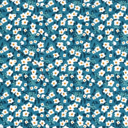 Tissu coton imprimé fleurs blanches fond bleu