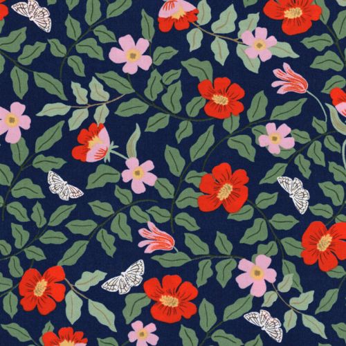 Tissu viscose strawberry fields fond bleu Rifle Paper Co