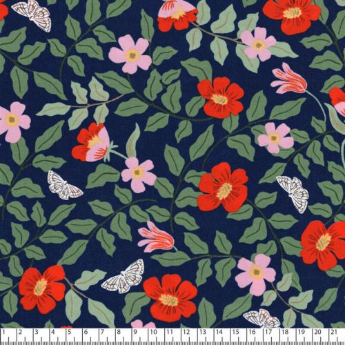 Tissu viscose strawberry fields fond bleu Rifle Paper Co