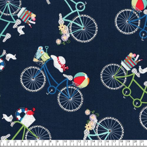 Tissu coton vélos champêtres fond bleu