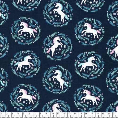 Tissu licornes en médaillon fd bleu 100% coton larg 110 cm