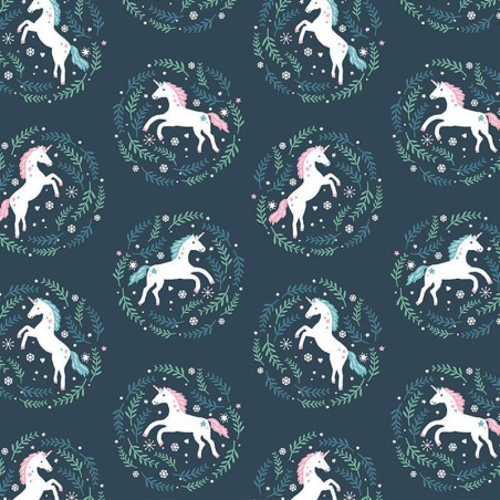 Tissu licornes en médaillon fd bleu 100% coton larg 110 cm