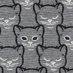 Tissu jersey chiné gris avec chats jacquards noir