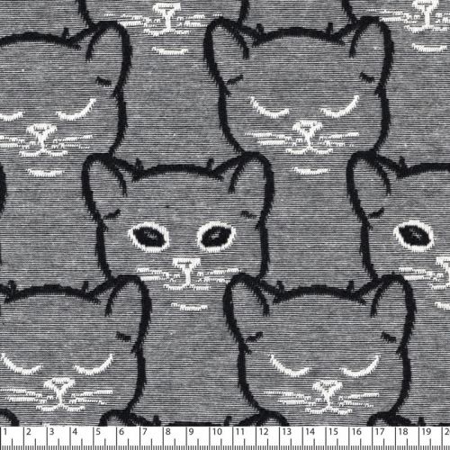 Tissu jersey chiné gris avec chats jacquards noir