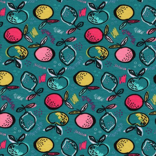 Tissu jersey fruits fond turquoise