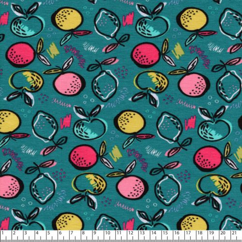 Tissu jersey fruits fond turquoise