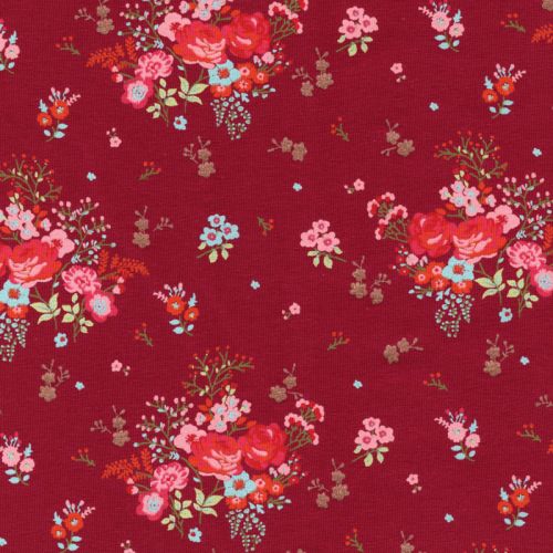 Tissu jersey jardin anglais fond framboise 95%cot/5%el larg 