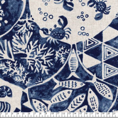 Tissu toile coton mélangé azulejos bleu