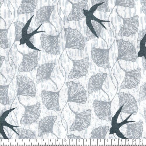 Tissu coton hirondelles et ginkgo fond gris