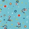 Tissu coton cool space vehicule fond turquoise Poppy