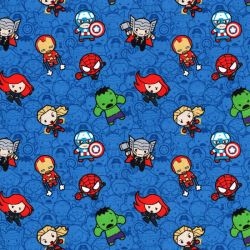 Tissu coton Marvel Kawaii fond bleu