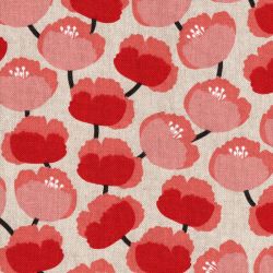 Tissu toile de coton façon lin fleurs roses/rouges
