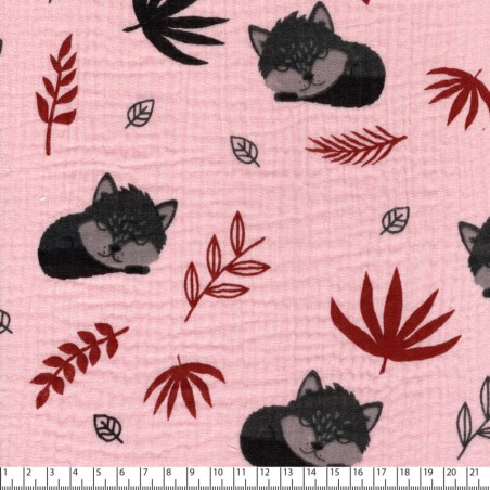 Tissu double gaze de coton renard fond rose