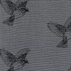 Tissu double gaze de coton oiseau fond gris