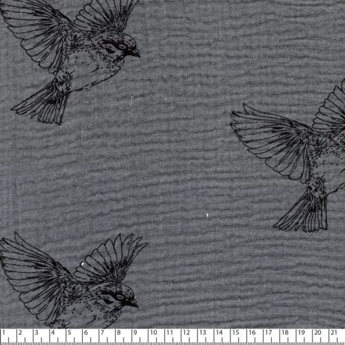 Tissu double gaze de coton oiseau fond gris