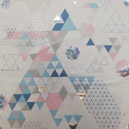Tissu toile de coton motifs géometriques et holographiques fond blanc