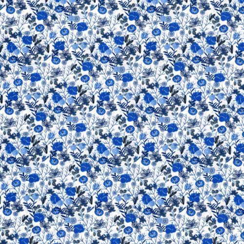 Tissu coton linon jardin anglais bleu