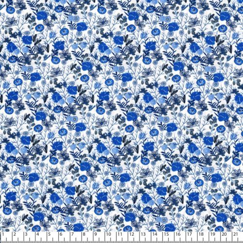 Tissu coton linon jardin anglais bleu