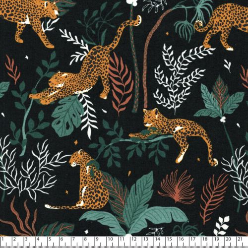 Tissu coton léopards jungle fond noir