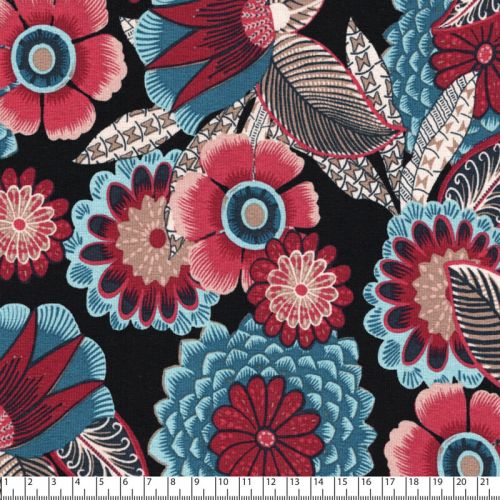 Tissu jersey viscose grosses fleurs fond noir