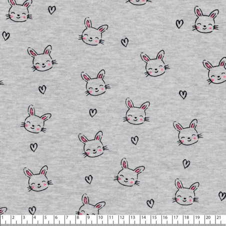 Tissu sweat lapins coeur fond gris chiné