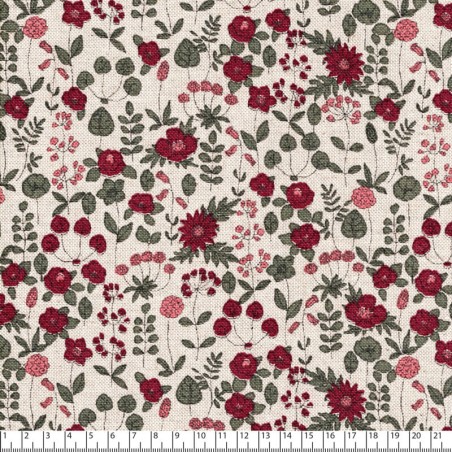 Tissu toile effet lin fleurs bordeaux