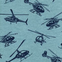 Tissu sweat gratté hélicoptère fond bleu 