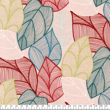 Tissu jersey french terry feuilles fond rose pâle