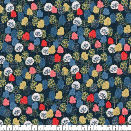 Tissu coton petits arbres fond bleu