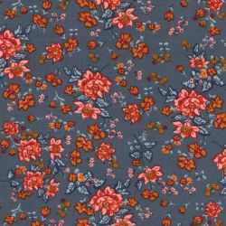Tissu viscose fleurs vintage fond bleu jean