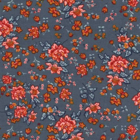 Tissu viscose fleurs vintage fond bleu jean