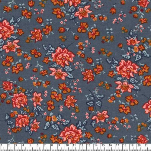 Tissu viscose fleurs vintage fond bleu jean