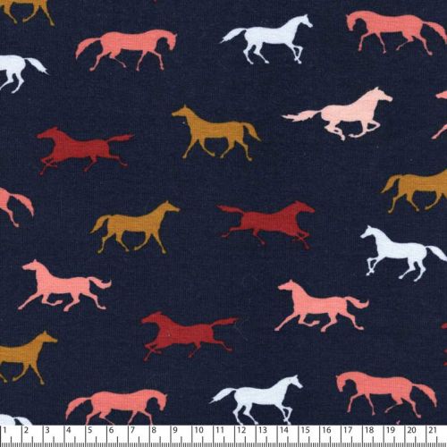 Tissu jersey chevaux Poppy fond bleu marine