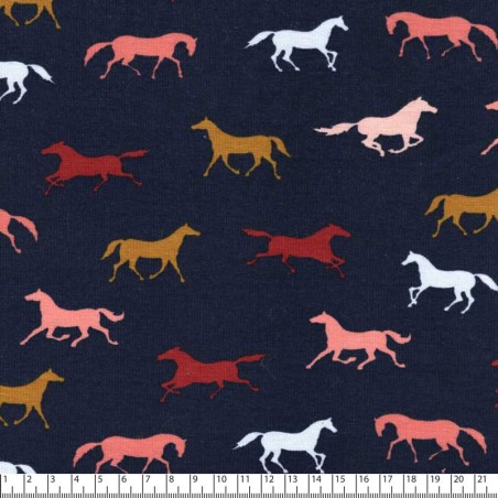 Tissu jersey chevaux Poppy fond bleu marine