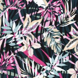 Tissu jersey fleurs graphiques pétrole / 95% vis / 5% el lin