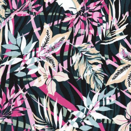 Tissu jersey fleurs graphiques pétrole / 95% vis / 5% el lin