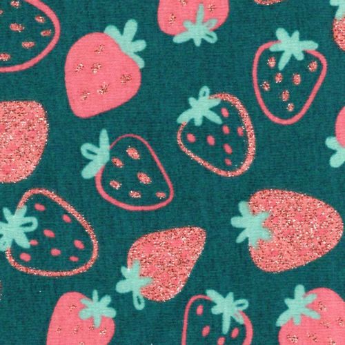 Tissu jersey fraises glitter fond émeraude Poppy